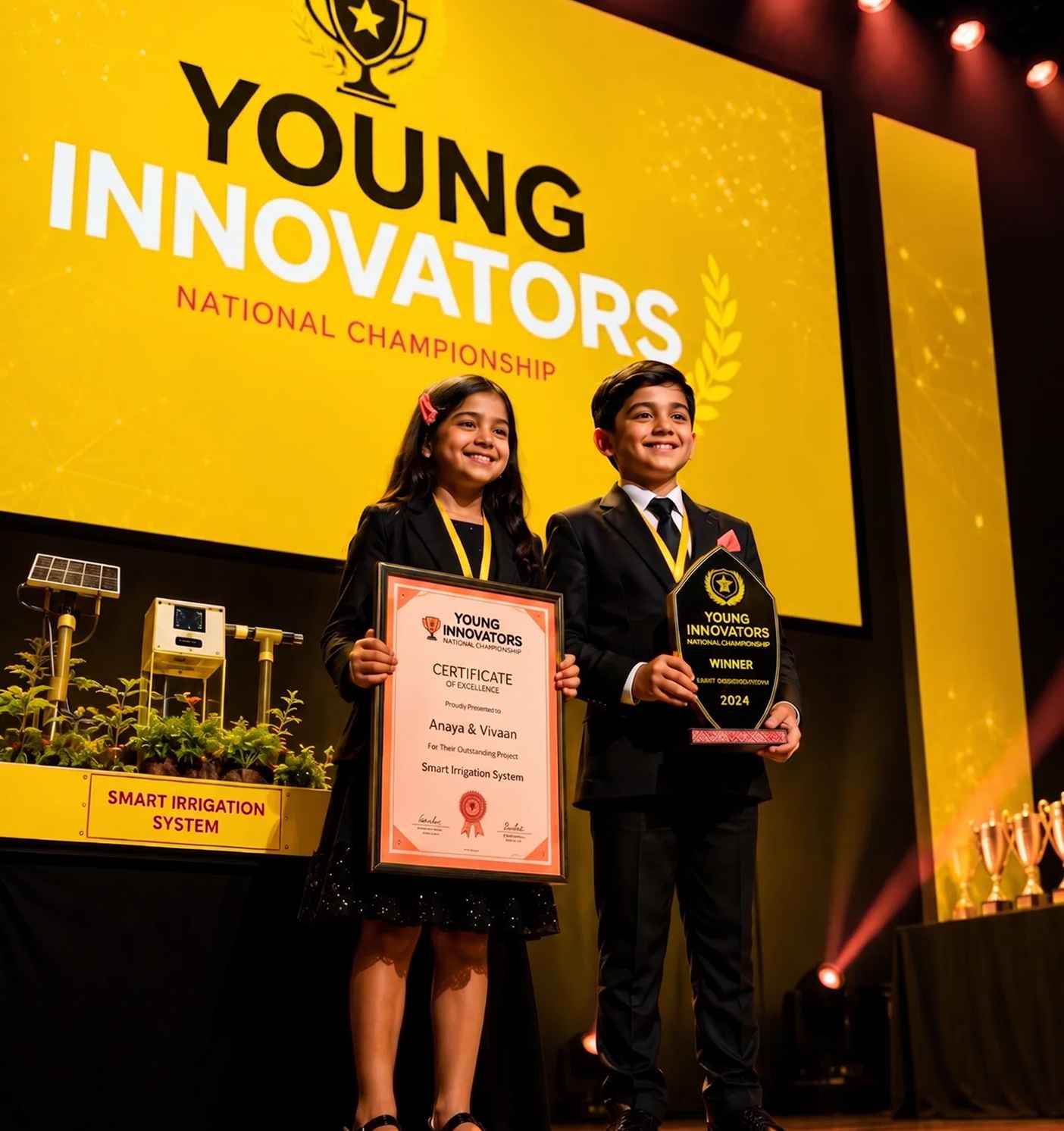 Two students holding trophies and certificates on stage