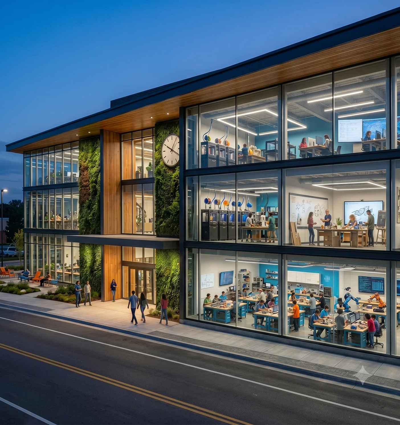 Modern innovation hub building at dusk