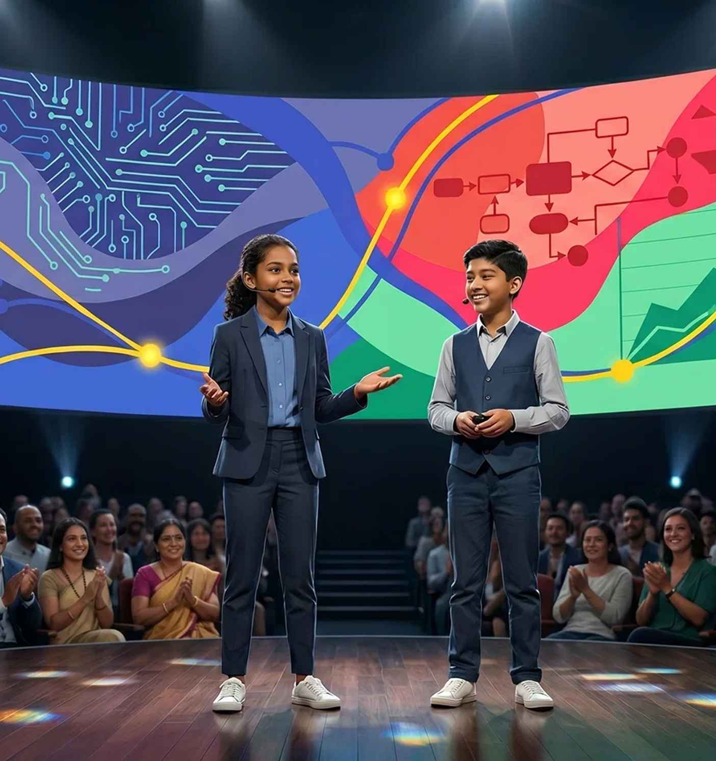Two students presenting a startup pitch on stage